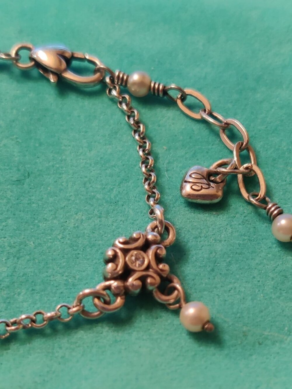 Retired Brighton Silver Floral Station Bracelet/Anklet with Accent Pearls